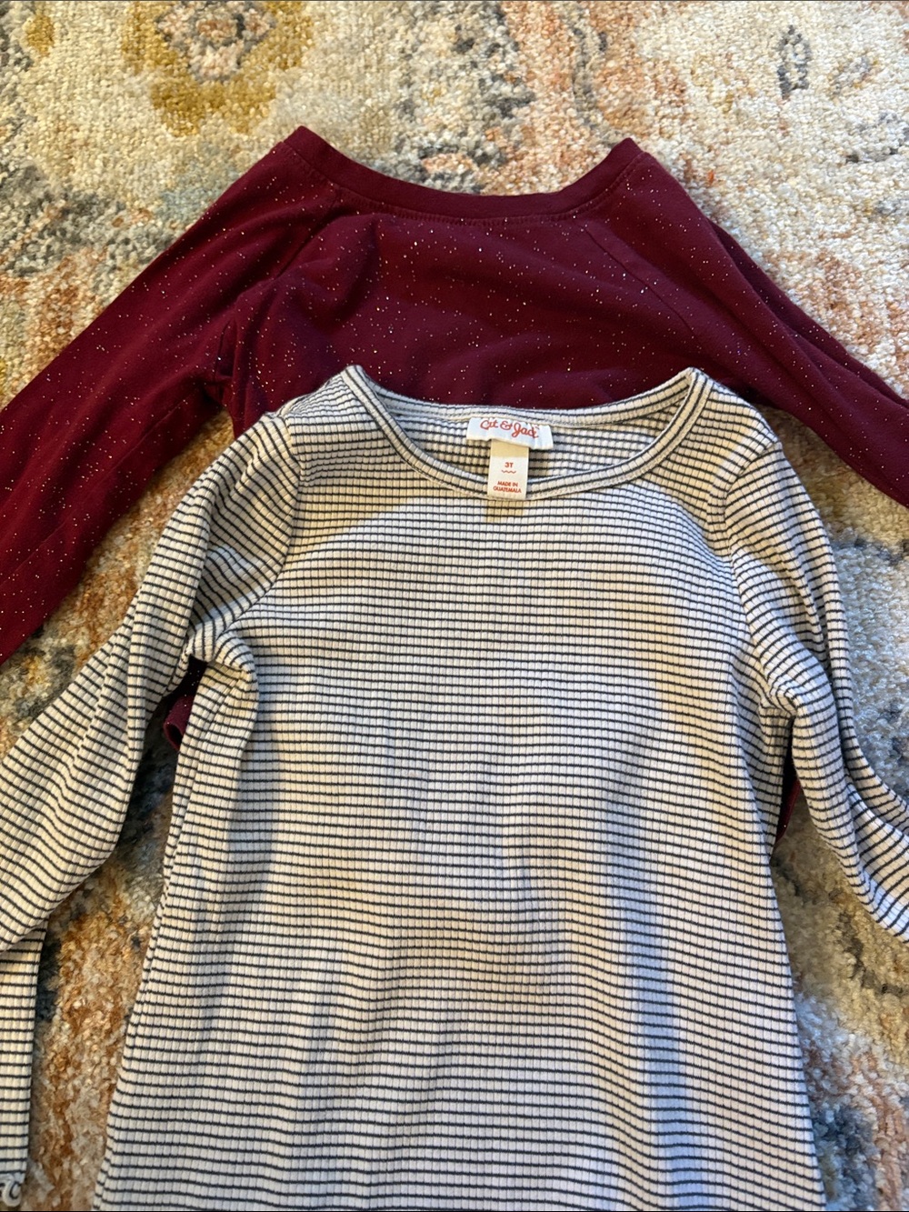 Cat&Jack Girls Long Sleeve Tops - Burgundy Sparkle & Black White Stripe